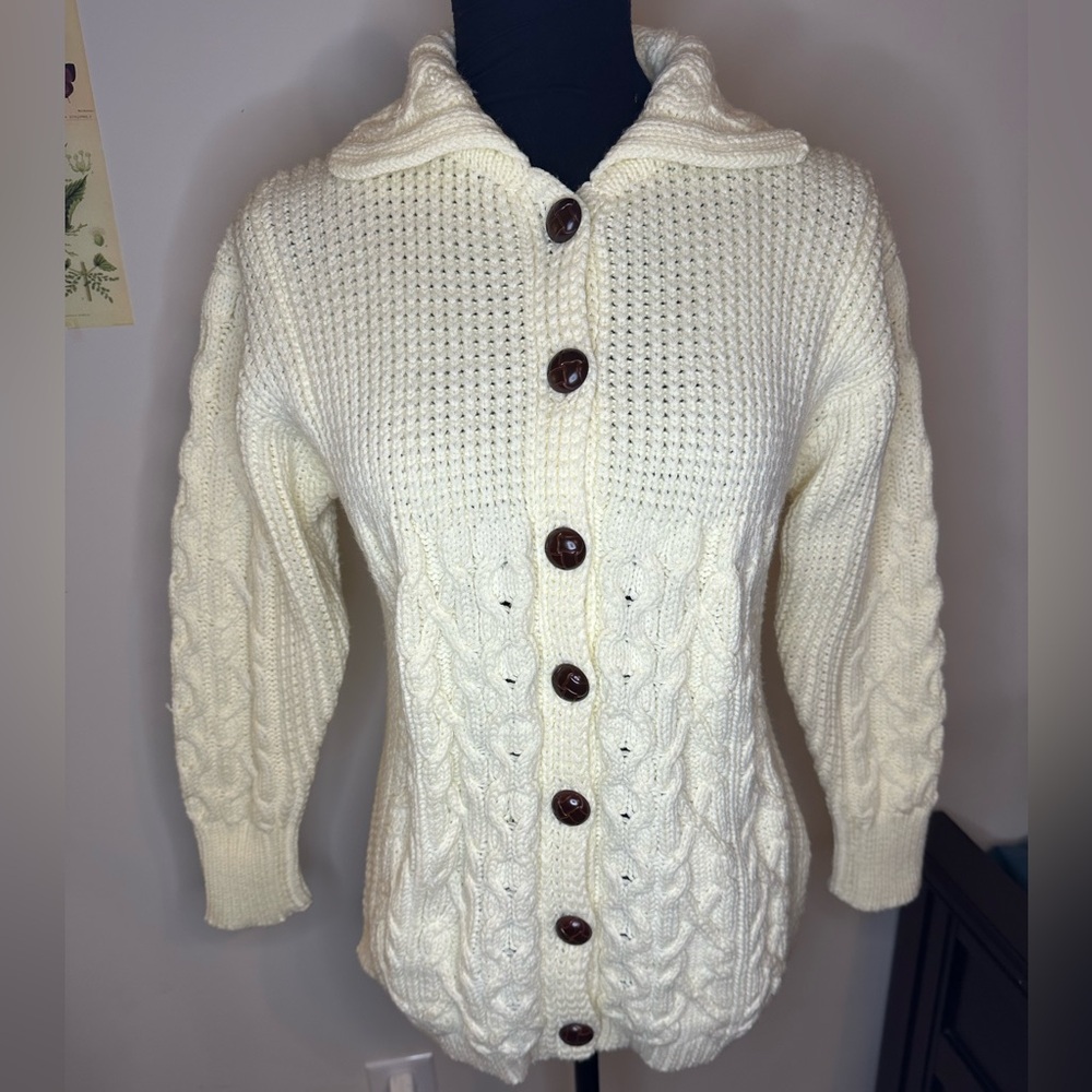 Sweater Bee By Banff Hand Loomed Knit Ivory Button Up Cardigan Sz L Acrylic #494
